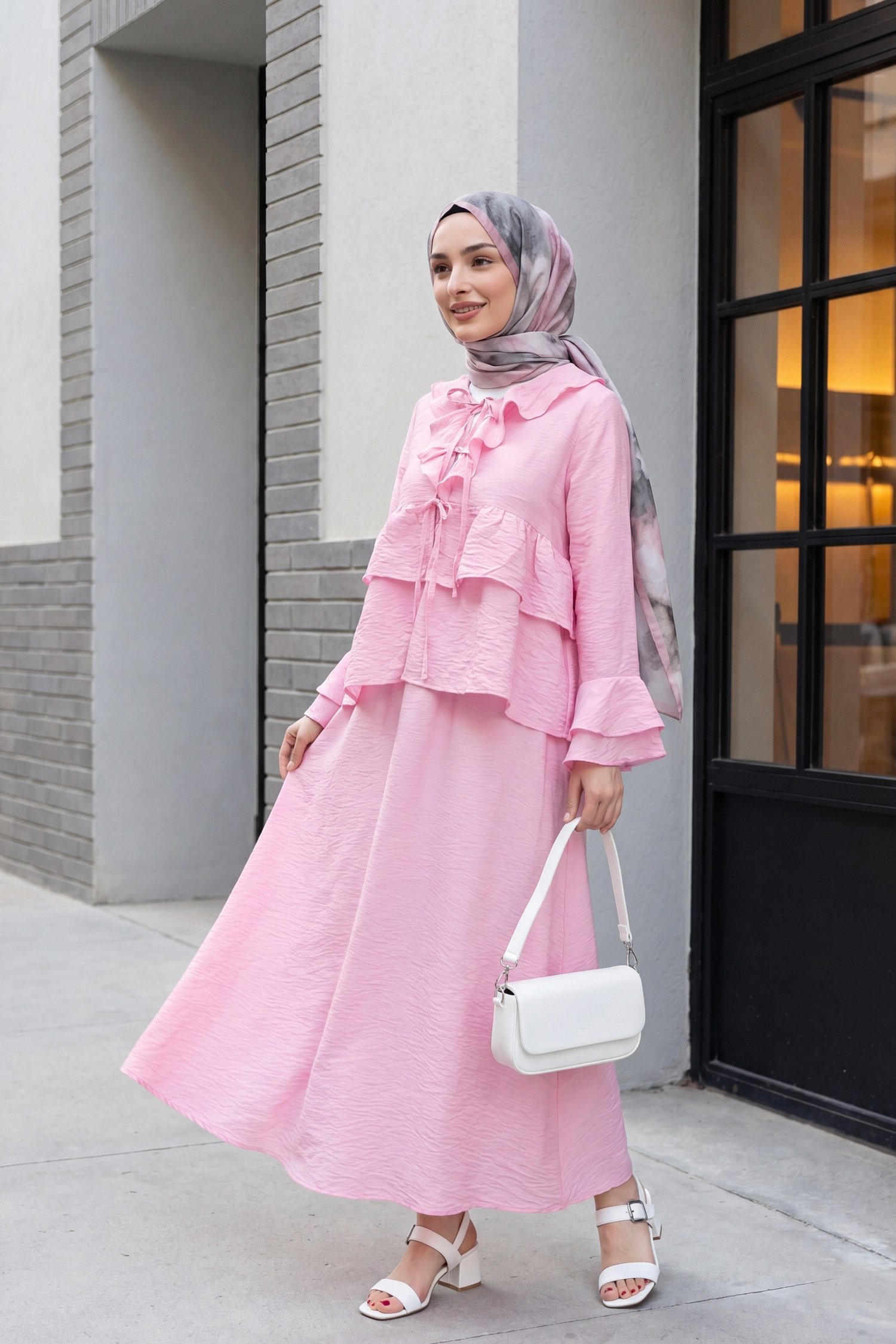 Önü Bağlamalı Fırfırlı İspanyol Kol Etekli Cupra Kimono Takım -Pembe