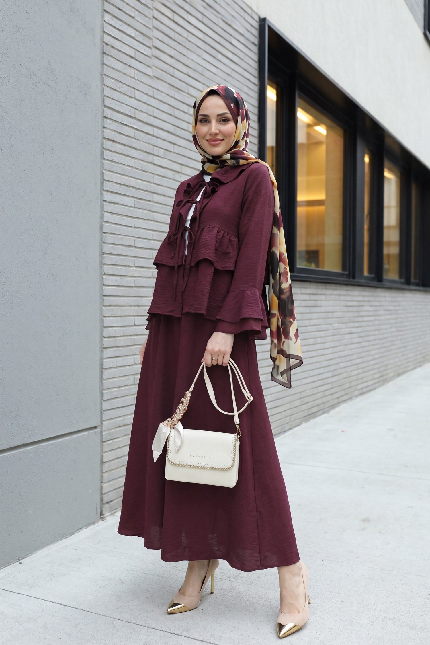 Önü Bağlamalı Fırfırlı İspanyol Kol Etekli Cupra Kimono Takım -Mürdüm