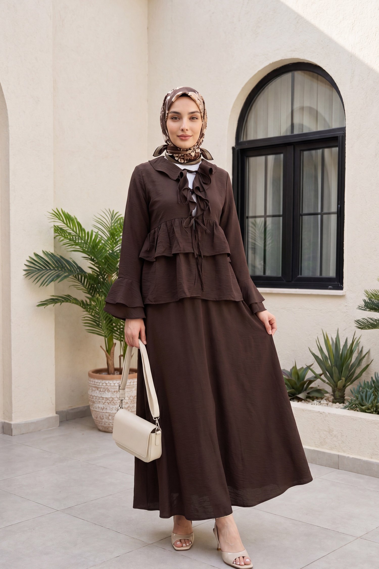 Önü Bağlamalı Fırfırlı İspanyol Kol Etekli Cupra Kimono Takım -Koyu Kahverengi