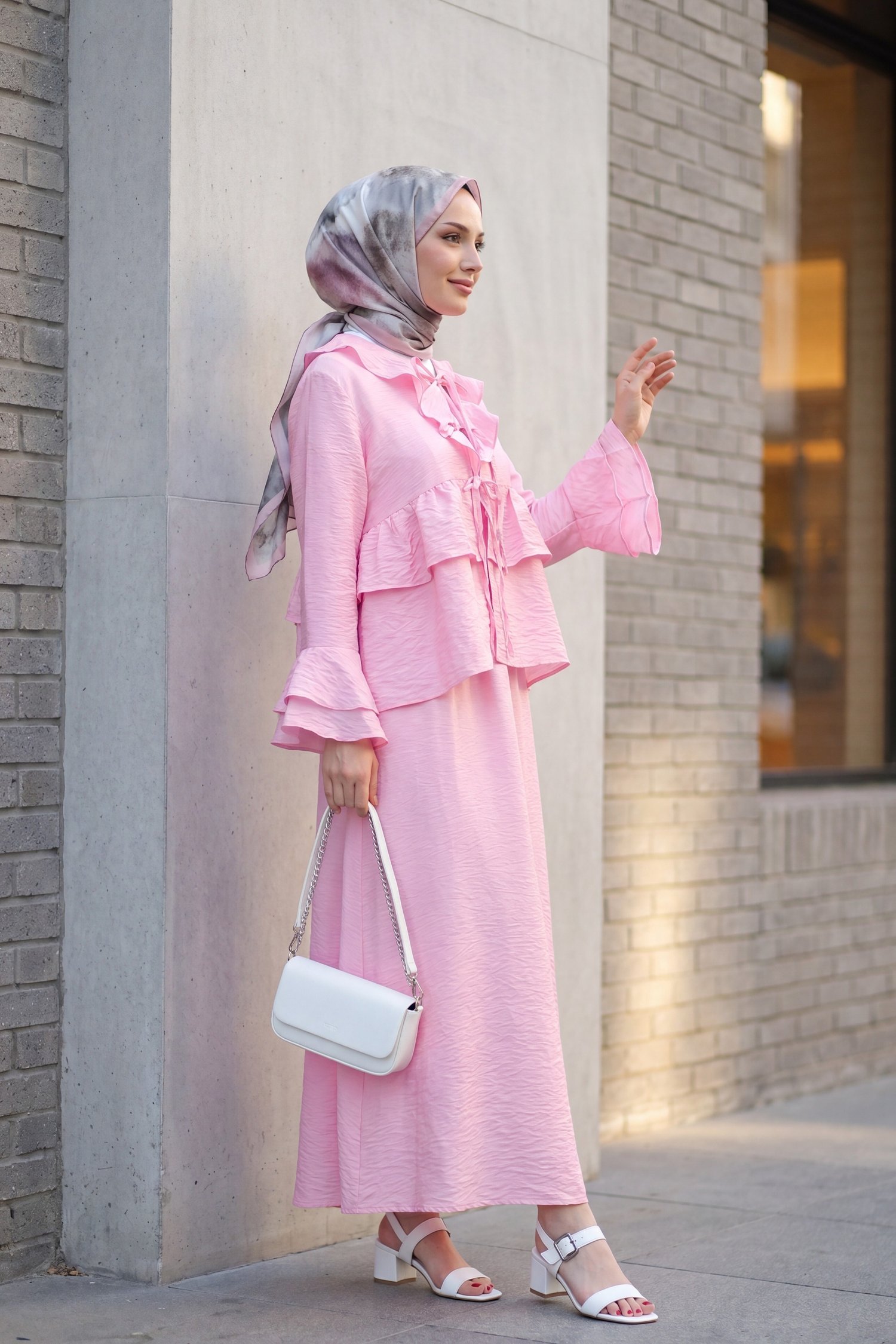 Önü Bağlamalı Fırfırlı İspanyol Kol Etekli Cupra Kimono Takım -Pembe
