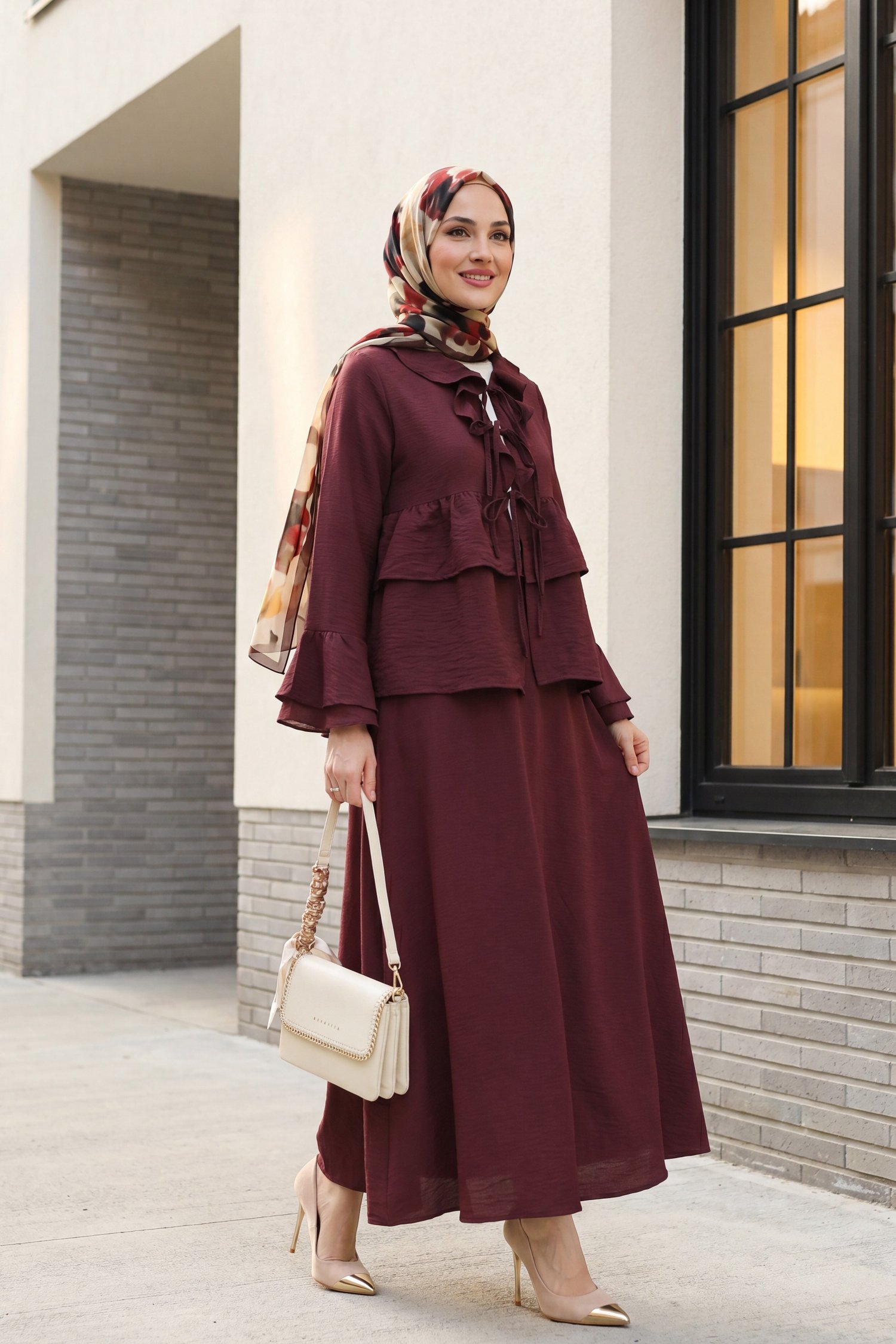 Önü Bağlamalı Fırfırlı İspanyol Kol Etekli Cupra Kimono Takım -Mürdüm