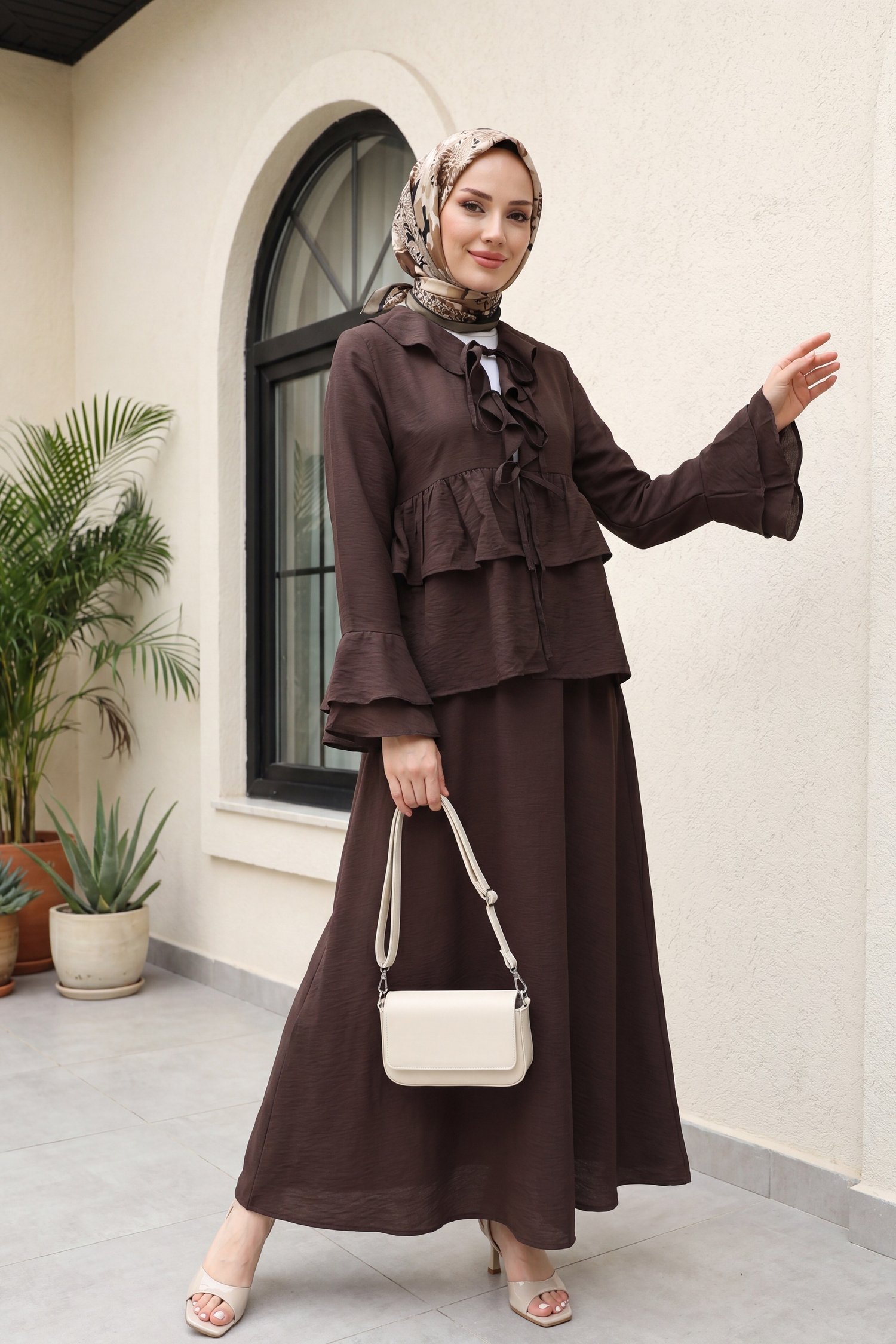 Önü Bağlamalı Fırfırlı İspanyol Kol Etekli Cupra Kimono Takım -Koyu Kahverengi