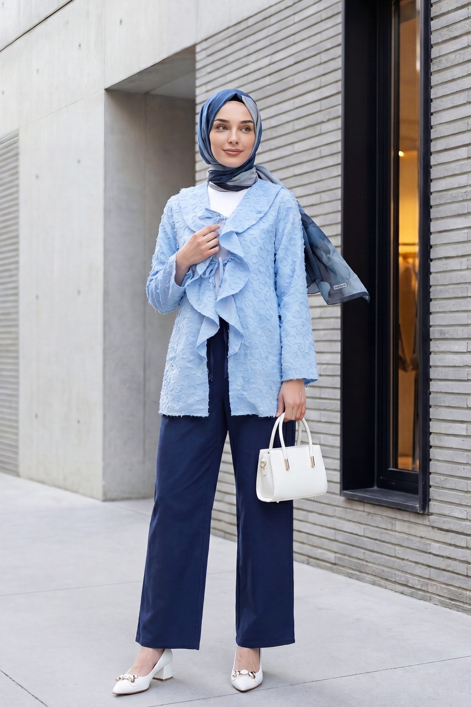 Önü Bağlamalı Fırfırlı Püsküllü Jakar Kimono  -Açık Mavi