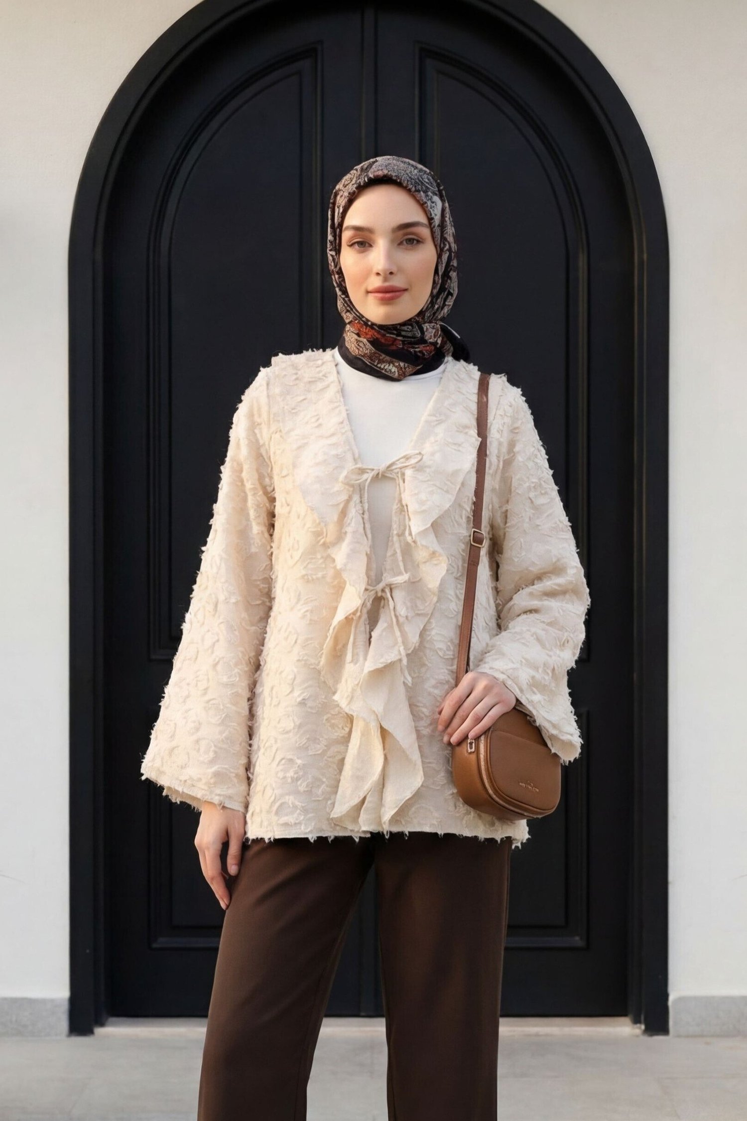Önü Bağlamalı Fırfırlı Püsküllü Jakar Kimono  -Taş rengi