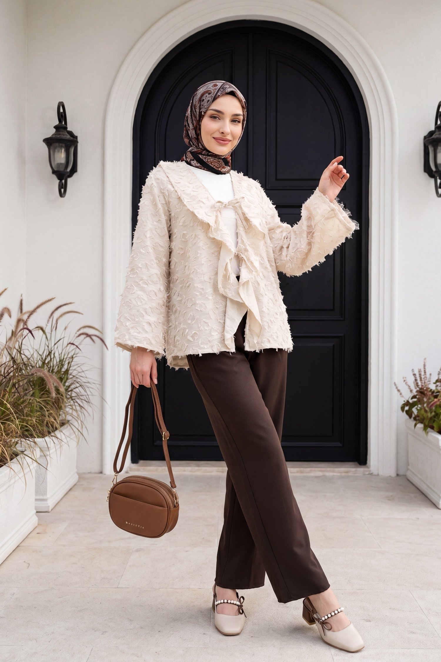 Önü Bağlamalı Fırfırlı Püsküllü Jakar Kimono  -Taş rengi