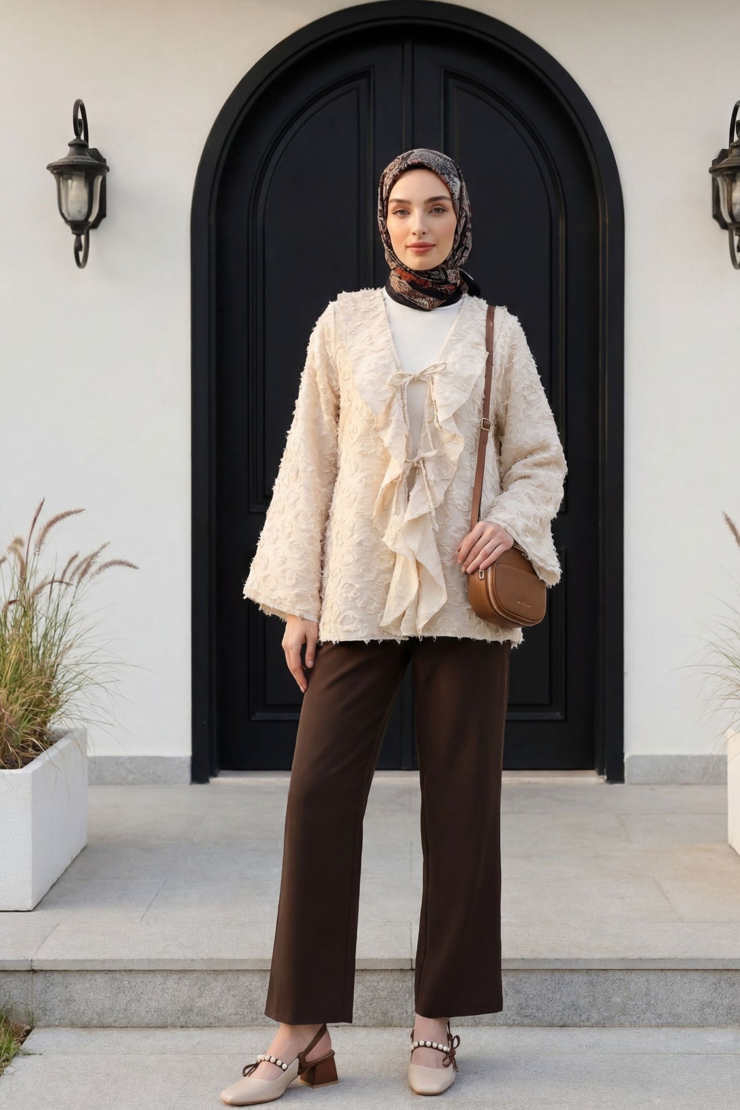 Önü Bağlamalı Fırfırlı Püsküllü Jakar Kimono  -Taş rengi