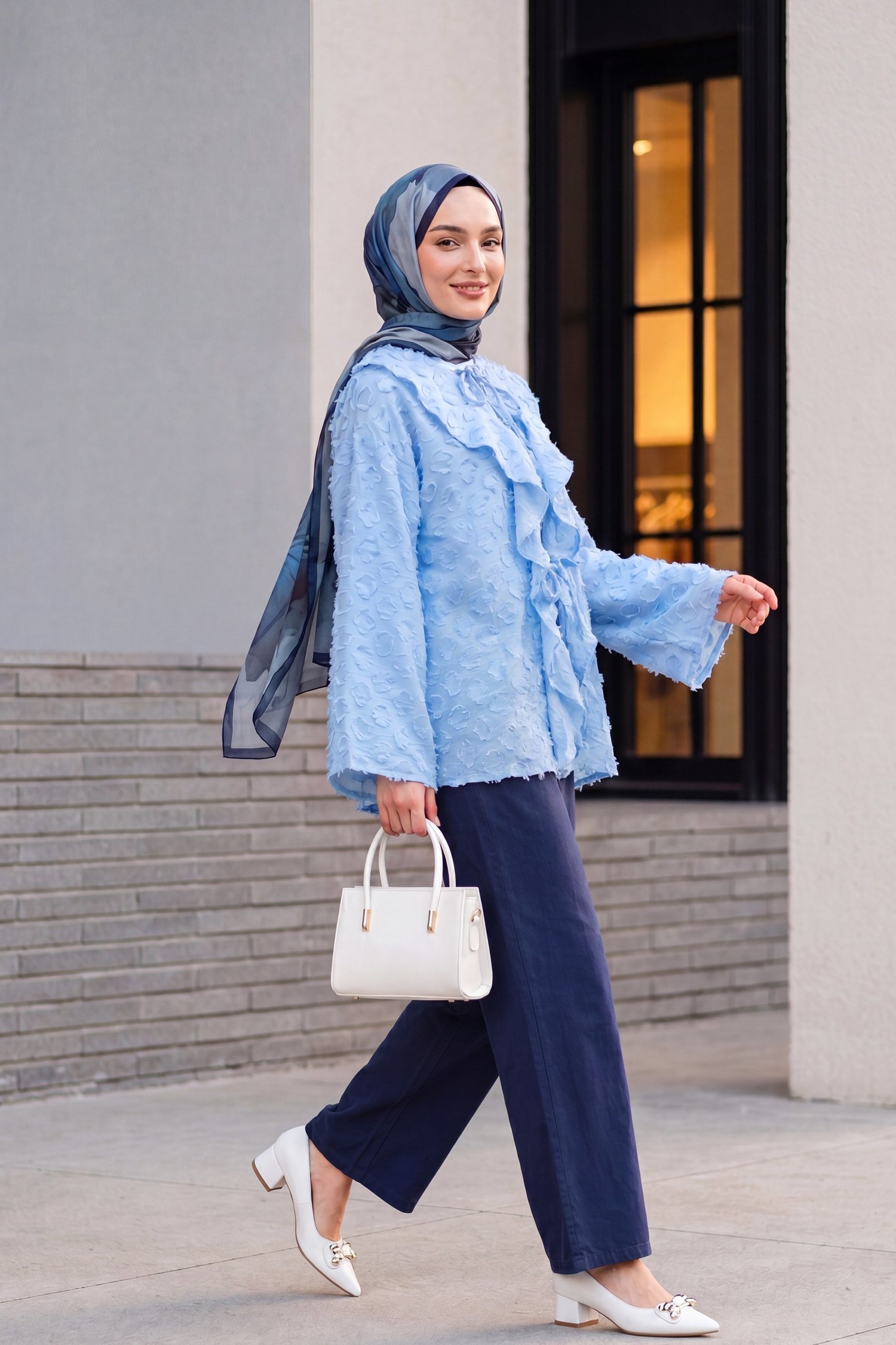 Önü Bağlamalı Fırfırlı Püsküllü Jakar Kimono  -Açık Mavi