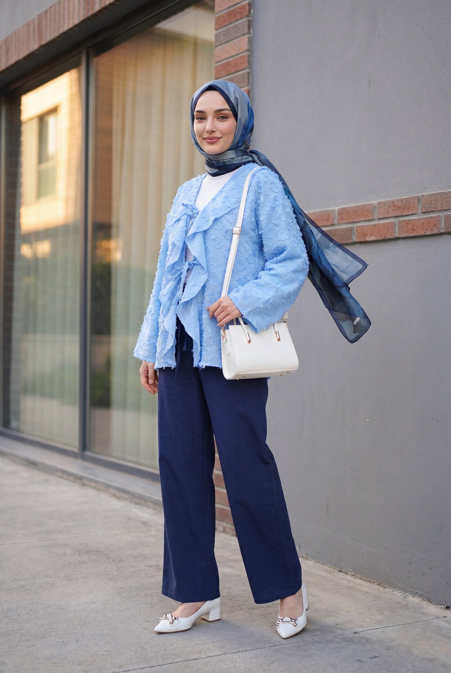 Önü Bağlamalı Fırfırlı Püsküllü Jakar Kimono  -Açık Mavi