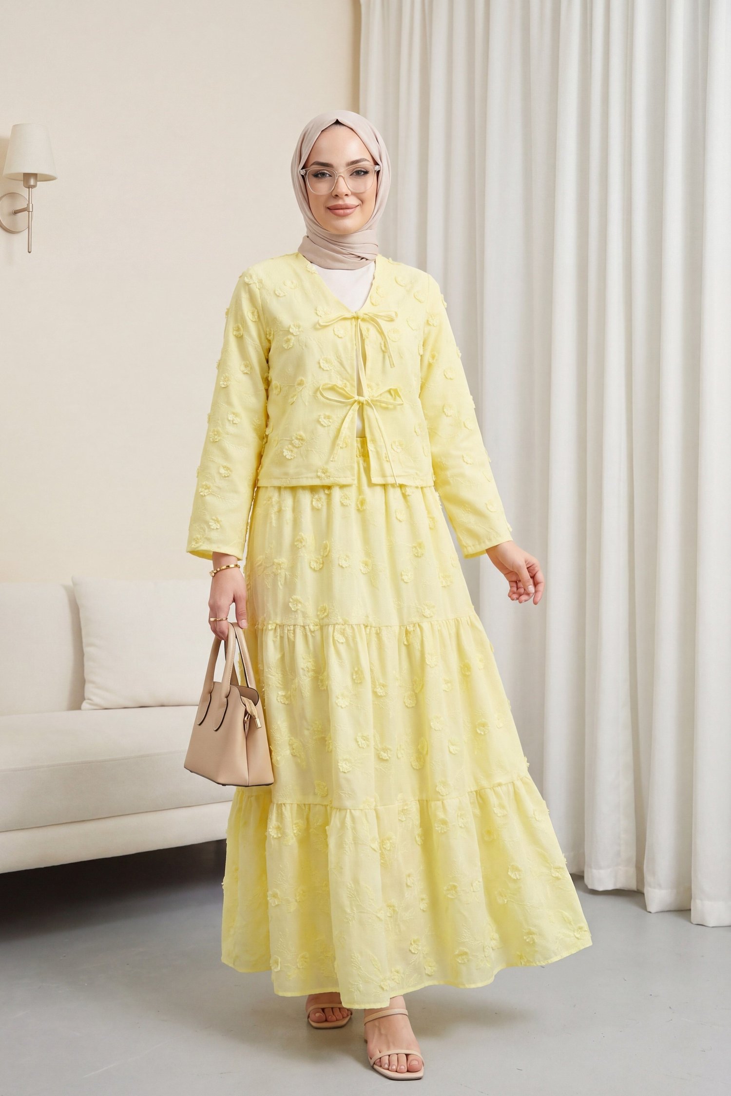 Önü Bağlamalı Kabartma Çiçek Nakışlı Eteği Astarlı Keten Görünümlü Kimono Takım  -Sarı