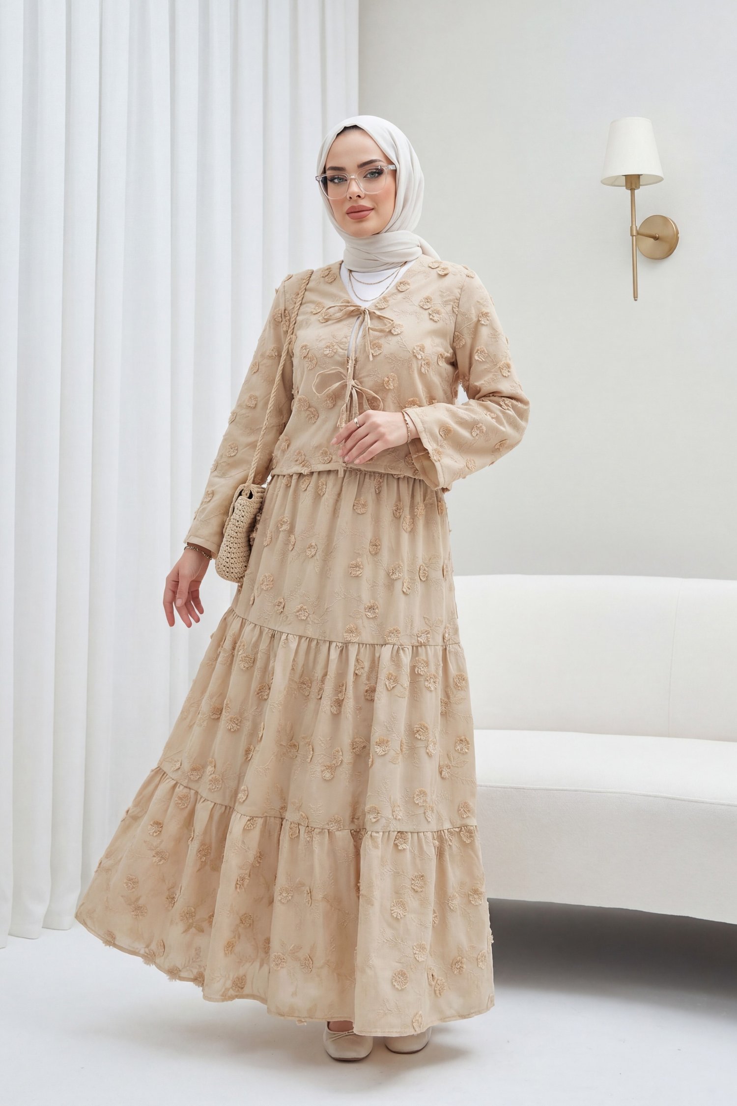 Önü Bağlamalı Kabartma Çiçek Nakışlı Eteği Astarlı Keten Görünümlü Kimono Takım  -Vizon