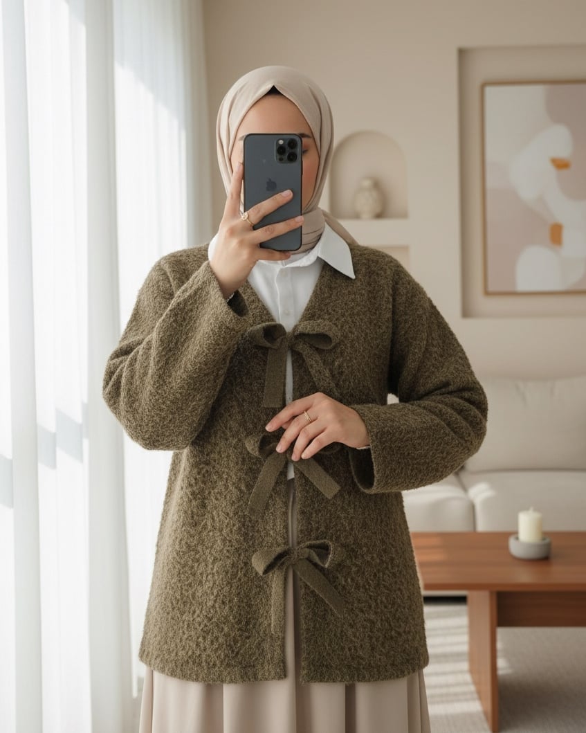 Önü Bağlamalı Kırçıllı Kaşe Ceket  -Açık Kahve
