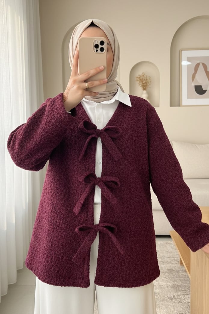 Önü Bağlamalı Kırçıllı Kaşe Ceket  -Bordo