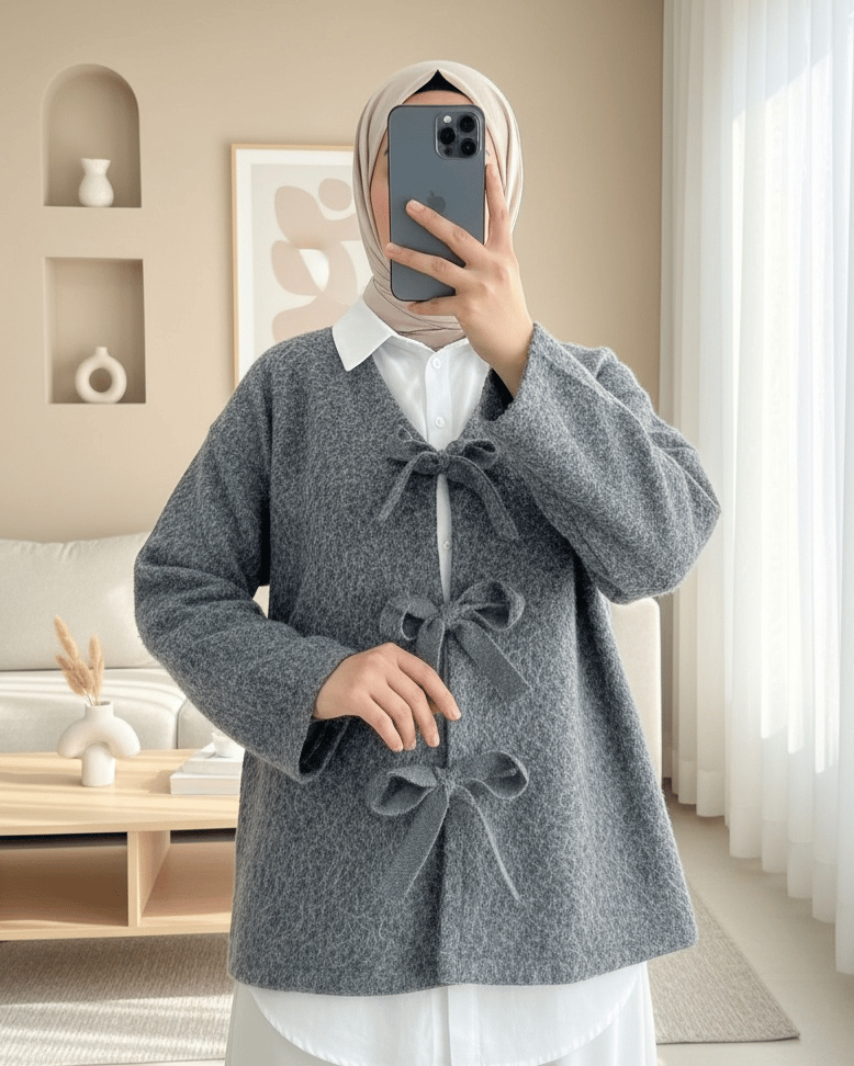 Önü Bağlamalı Kırçıllı Kaşe Ceket  -Gri
