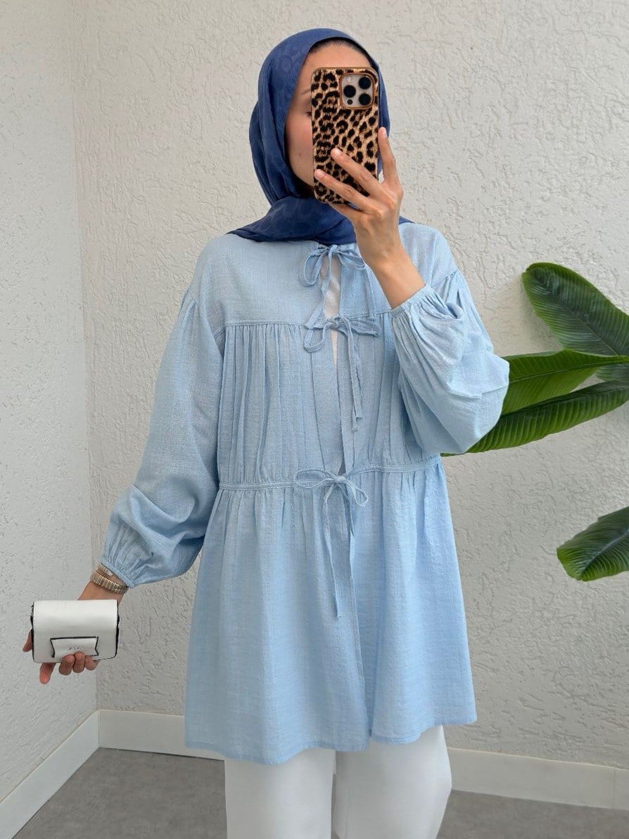Önü Bağlamalı Kolları Lastikli Gömlek -Bebe Mavi