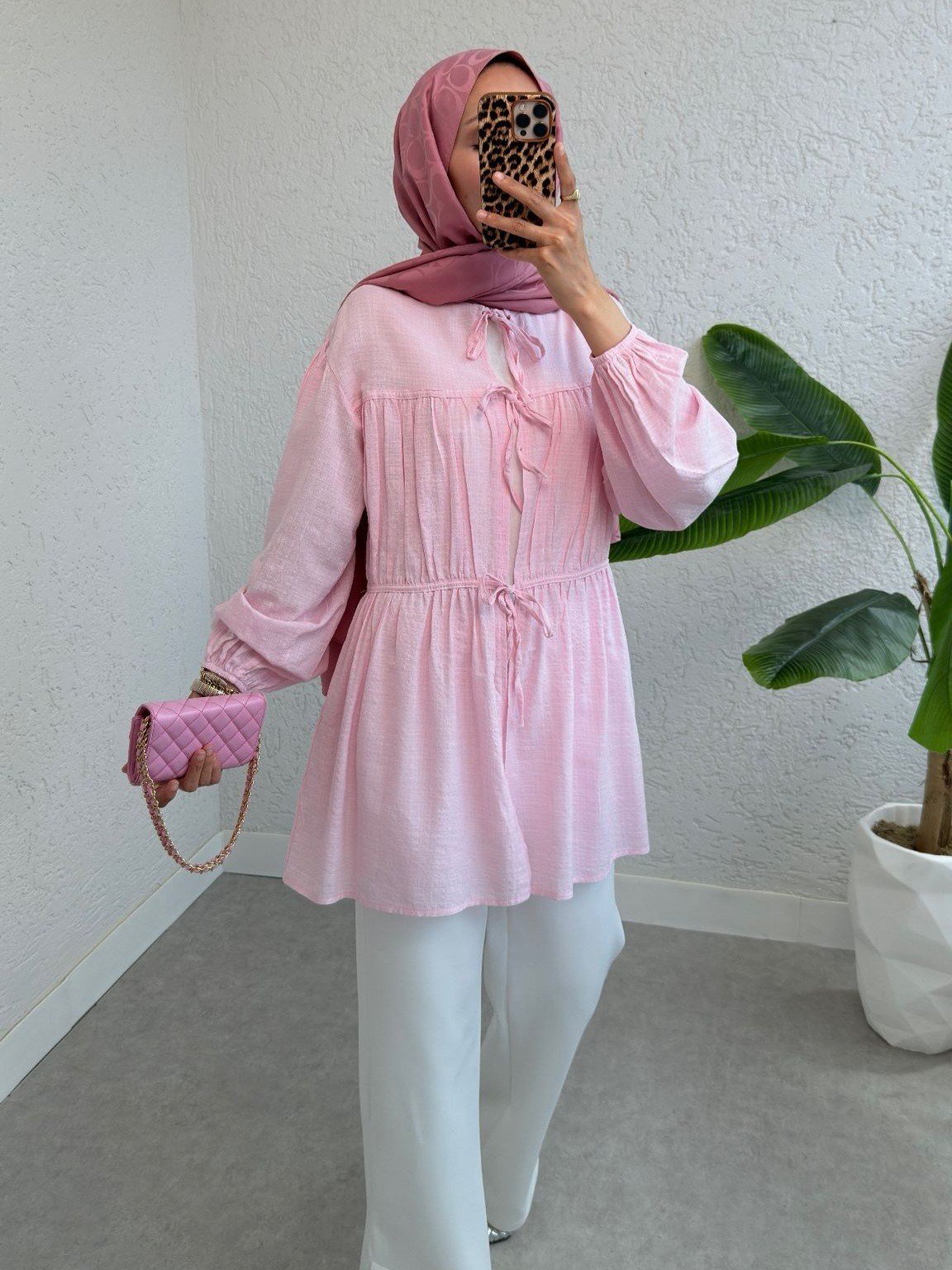 Önü Bağlamalı Kolları Lastikli Gömlek -Pembe