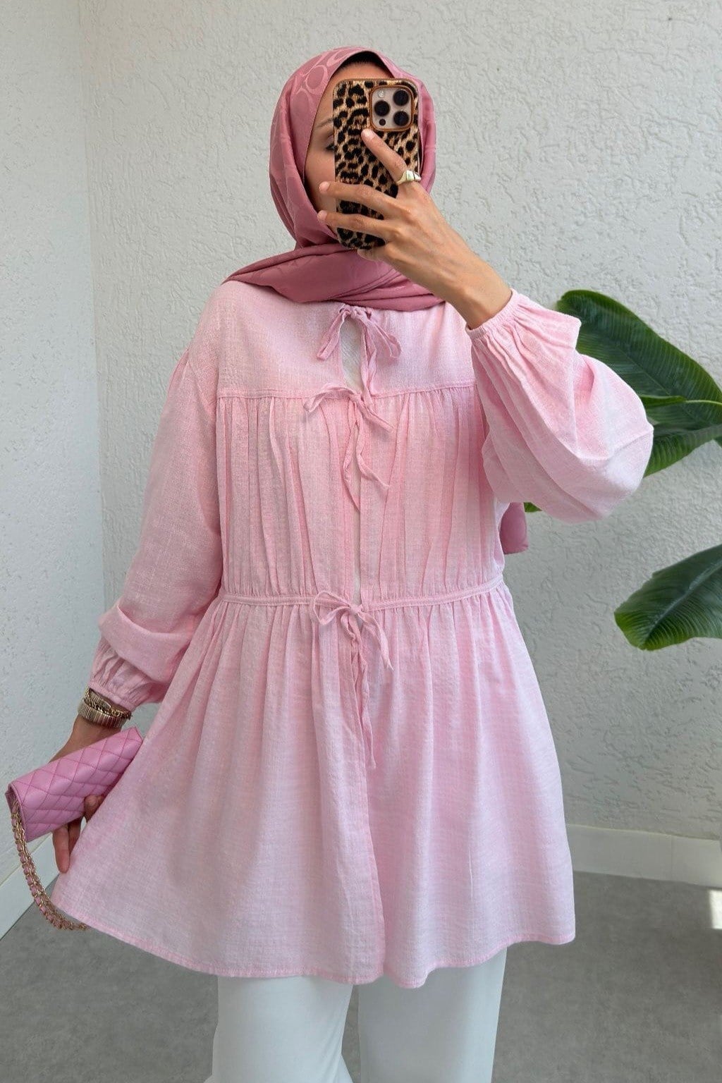 Önü Bağlamalı Kolları Lastikli Gömlek -Pembe