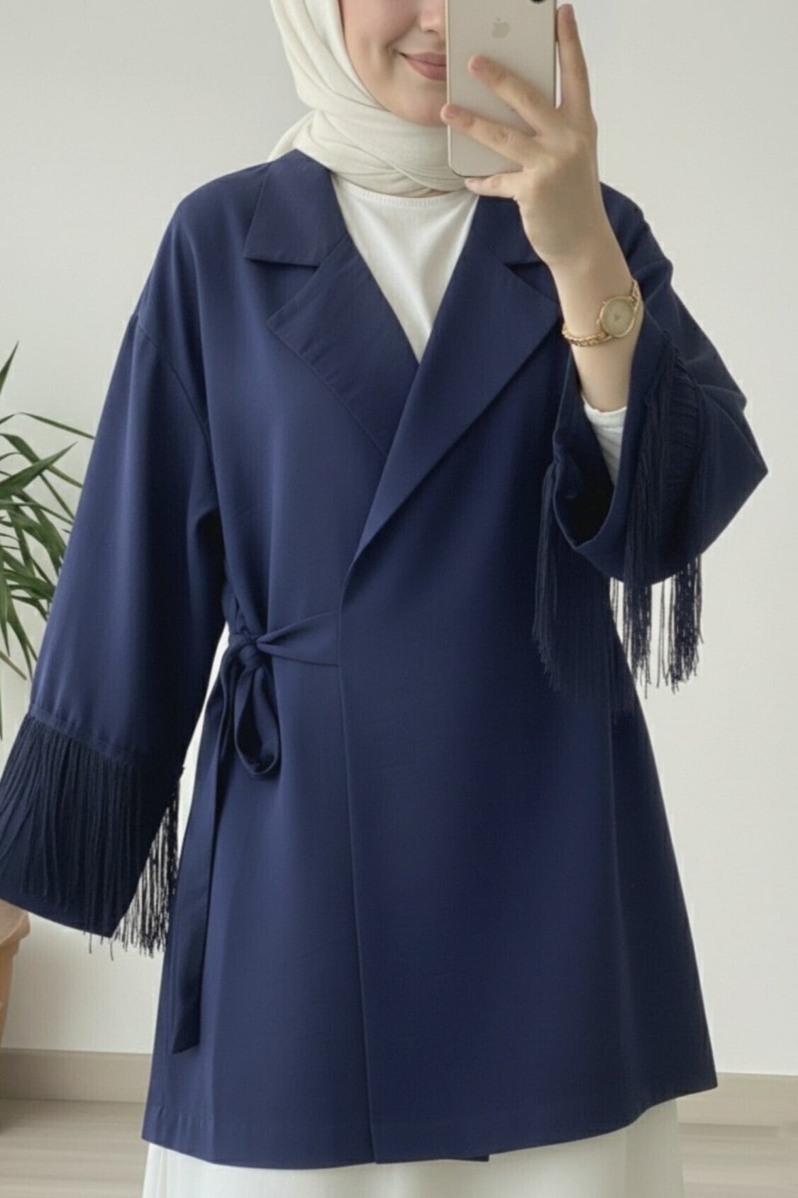 Önü Bağlamalı Kolu Püskül Detaylı Kimono Ceket -Lacivert