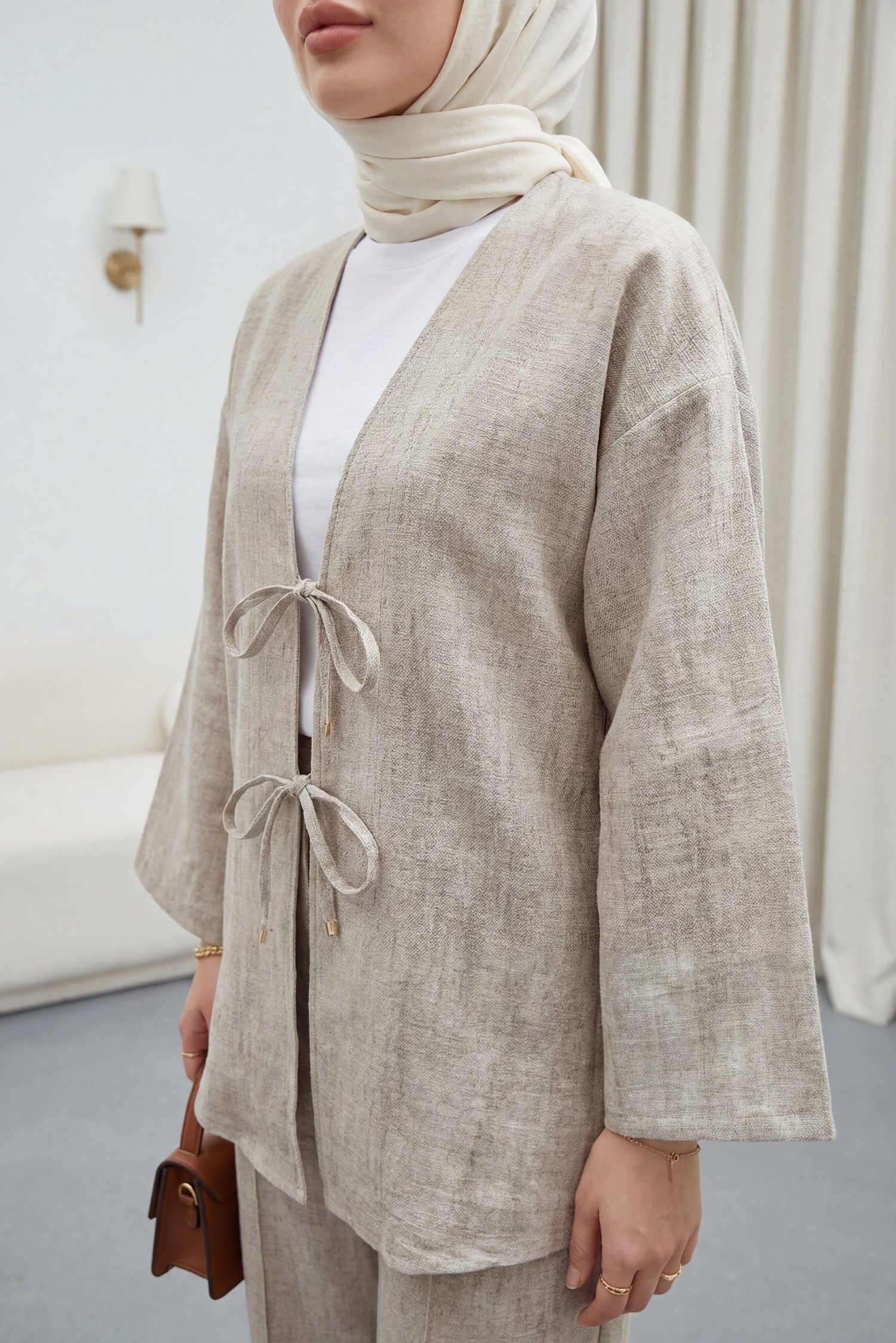 Önü Bağlamalı Pantolonlu Keten Görünümlü Kimono Takım  -Vizon