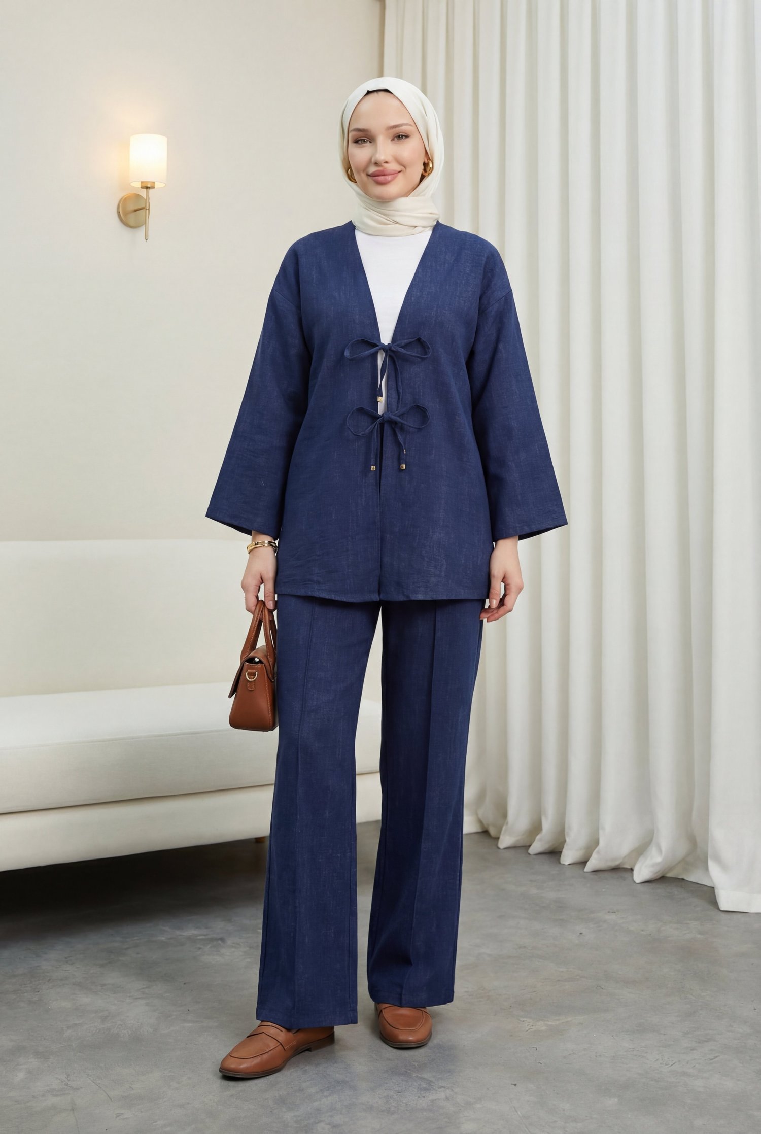 Önü Bağlamalı Pantolonlu Keten Görünümlü Kimono Takım  -Laci