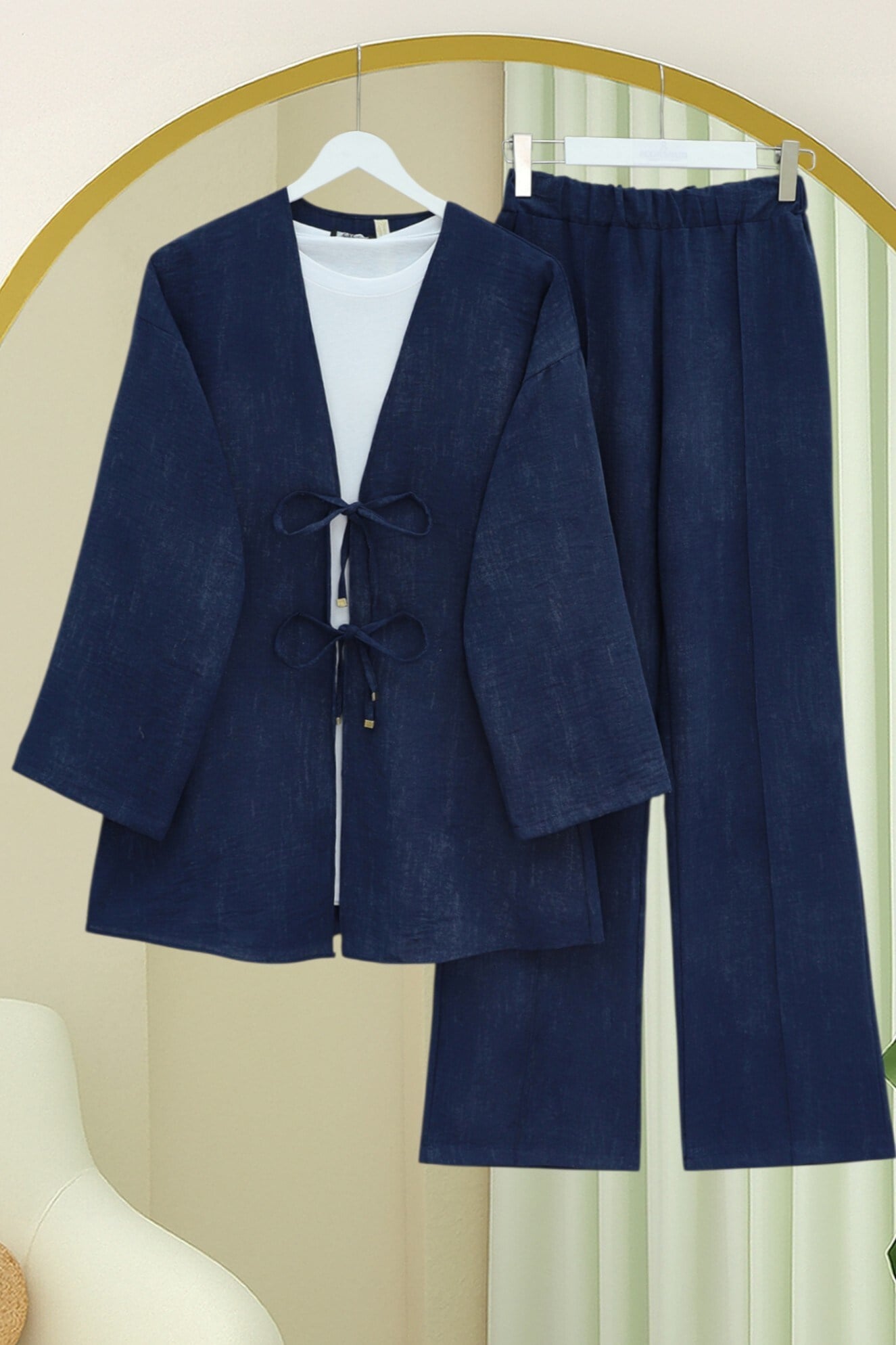 Önü Bağlamalı Pantolonlu Keten Görünümlü Kimono Takım  -Laci