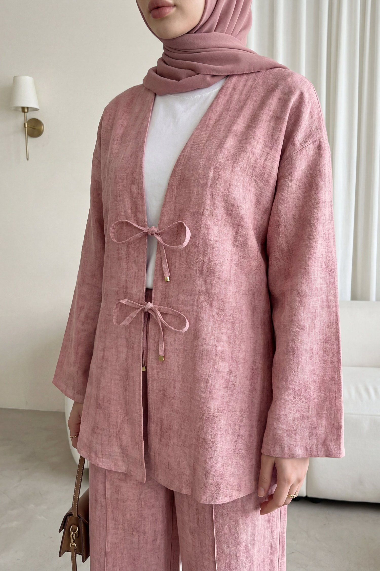 Önü Bağlamalı Pantolonlu Keten Görünümlü Kimono Takım  -Pudra