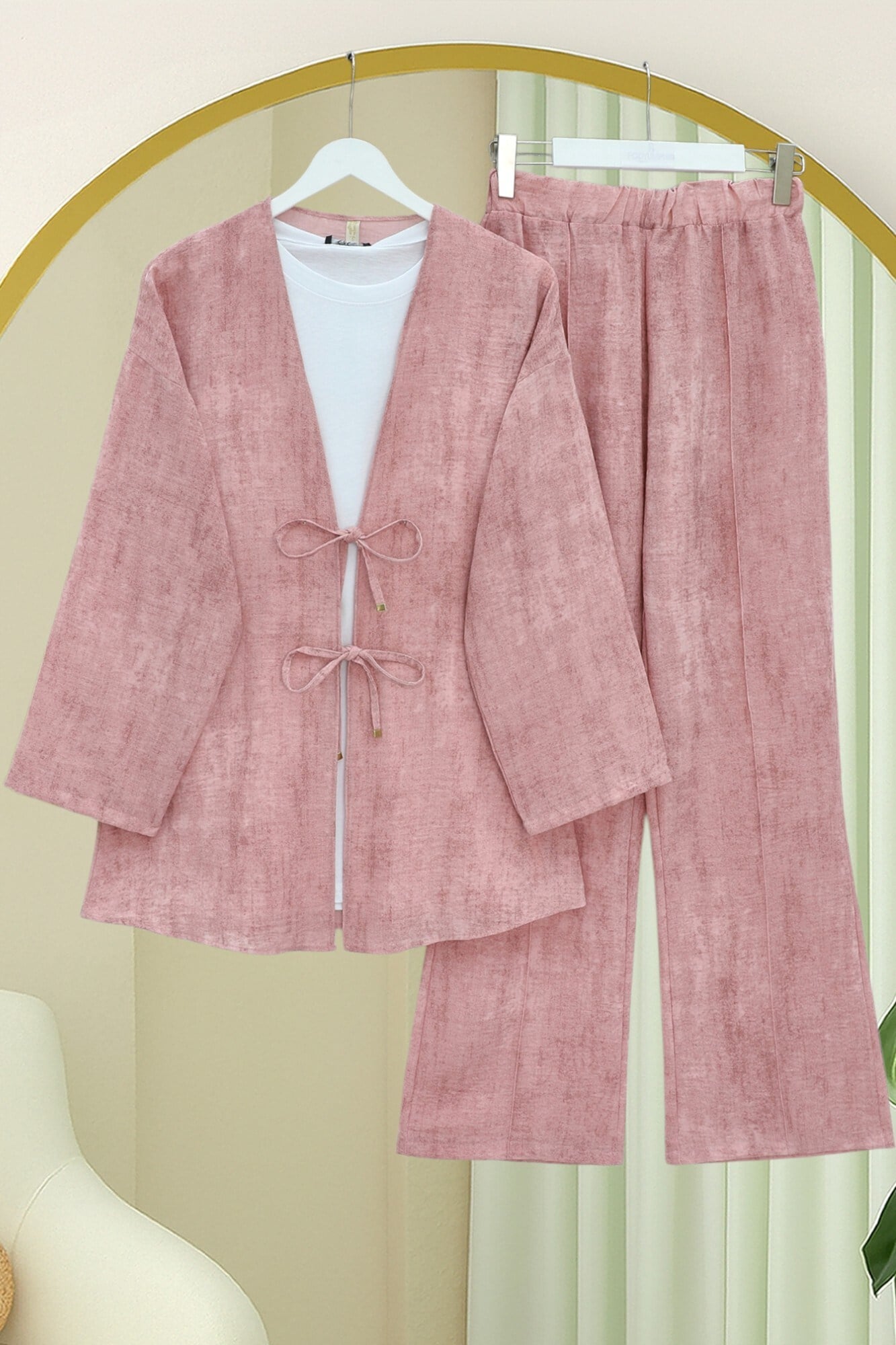 Önü Bağlamalı Pantolonlu Keten Görünümlü Kimono Takım  -Pudra