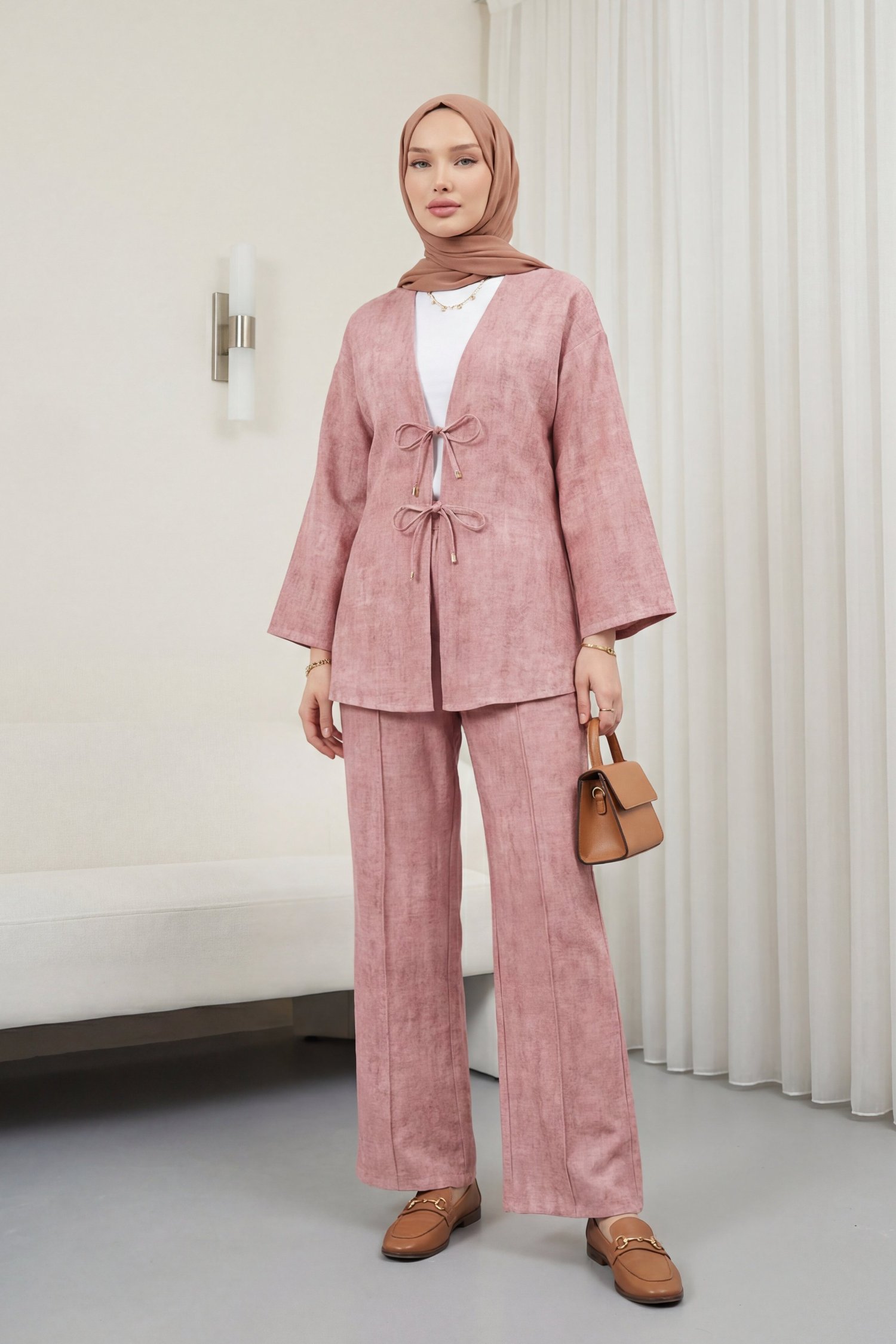 Önü Bağlamalı Pantolonlu Keten Görünümlü Kimono Takım  -Pudra