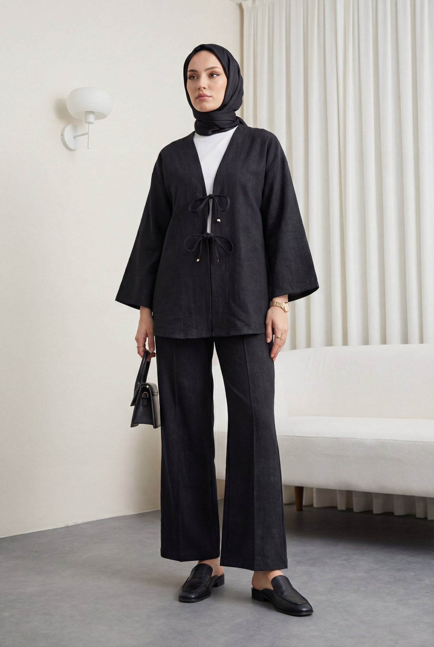 Önü Bağlamalı Pantolonlu Keten Görünümlü Kimono Takım  -Siyah