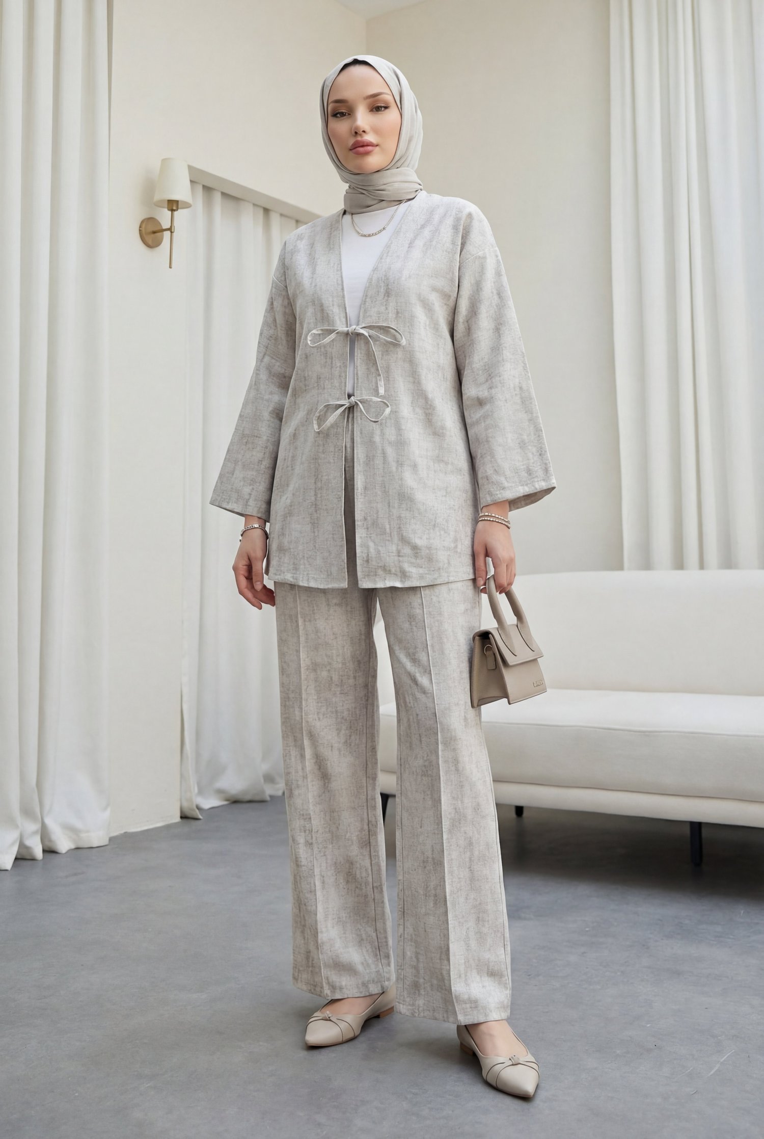 Önü Bağlamalı Pantolonlu Keten Görünümlü Kimono Takım  -Taş