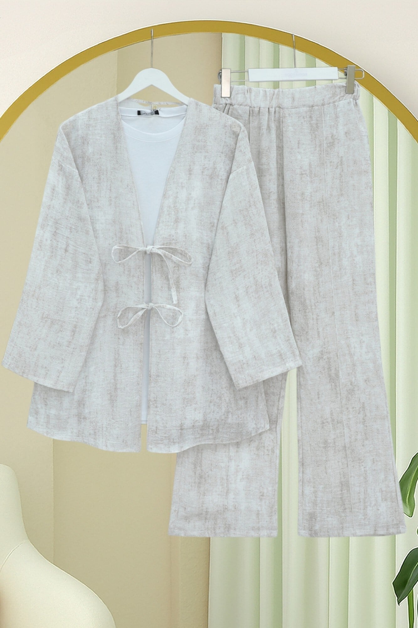 Önü Bağlamalı Pantolonlu Keten Görünümlü Kimono Takım  -Taş