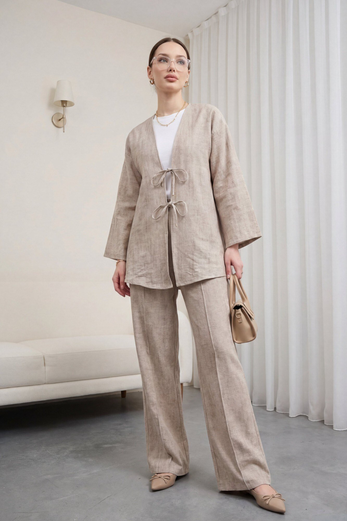 Önü Bağlamalı Pantolonlu Keten Görünümlü Kimono Takım  -Vizon