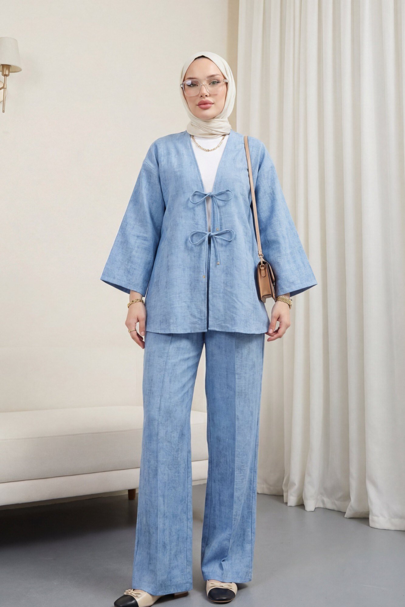 Önü Bağlamalı Pantolonlu Keten Görünümlü Kimono Takım  -Mavi