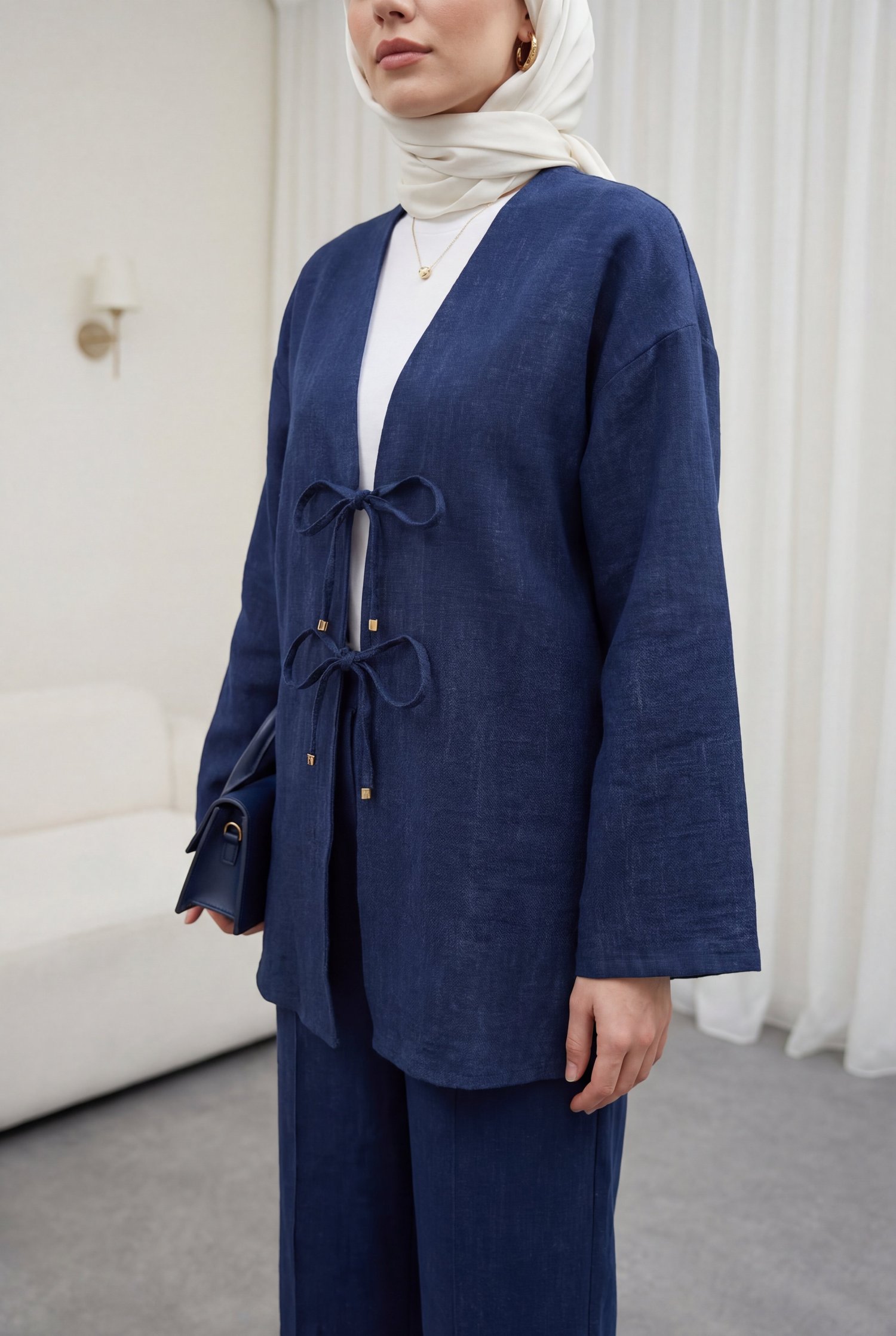 Önü Bağlamalı Pantolonlu Keten Görünümlü Kimono Takım  -Laci