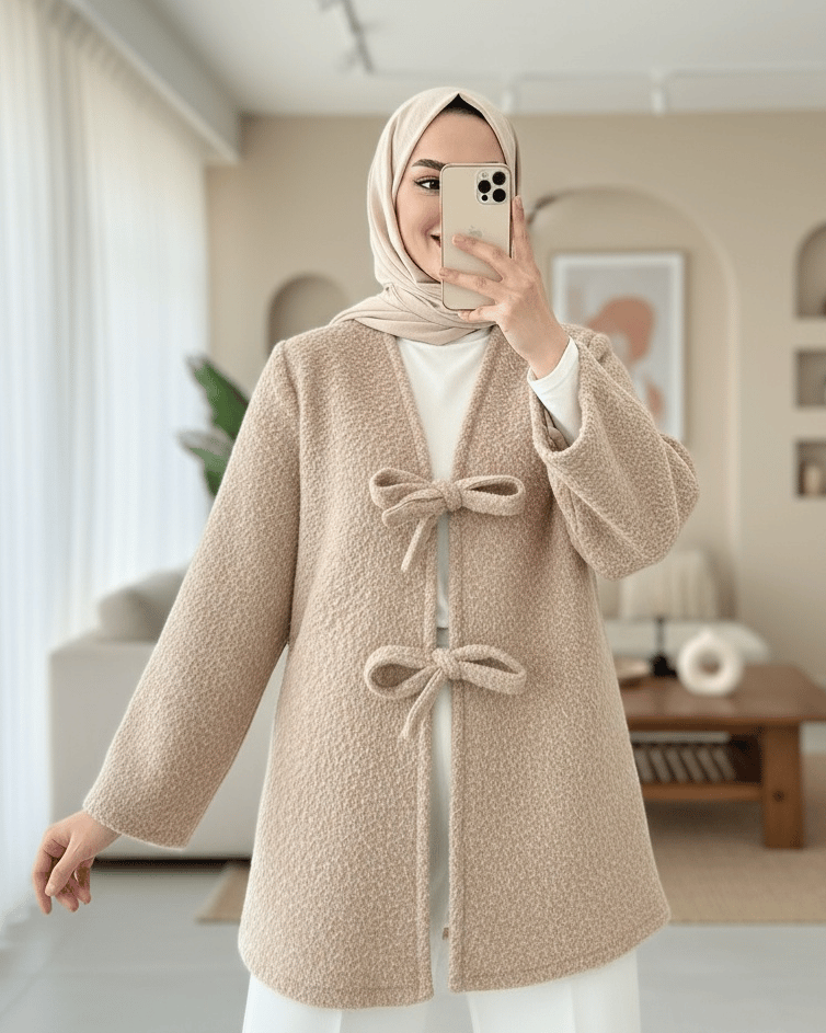 Önü Bağlamalı Sakallı Kimono -Bej