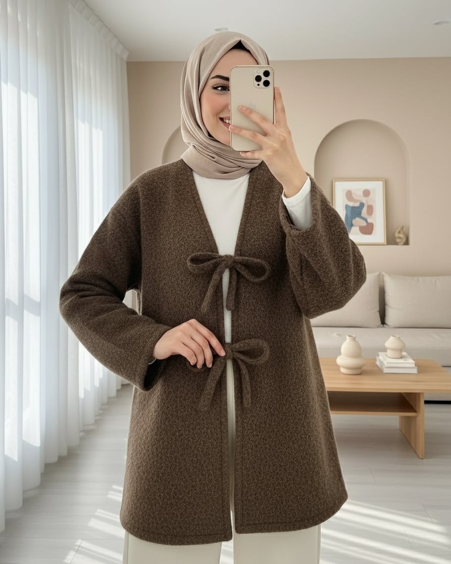 Önü Bağlamalı Sakallı Kimono -Kahve