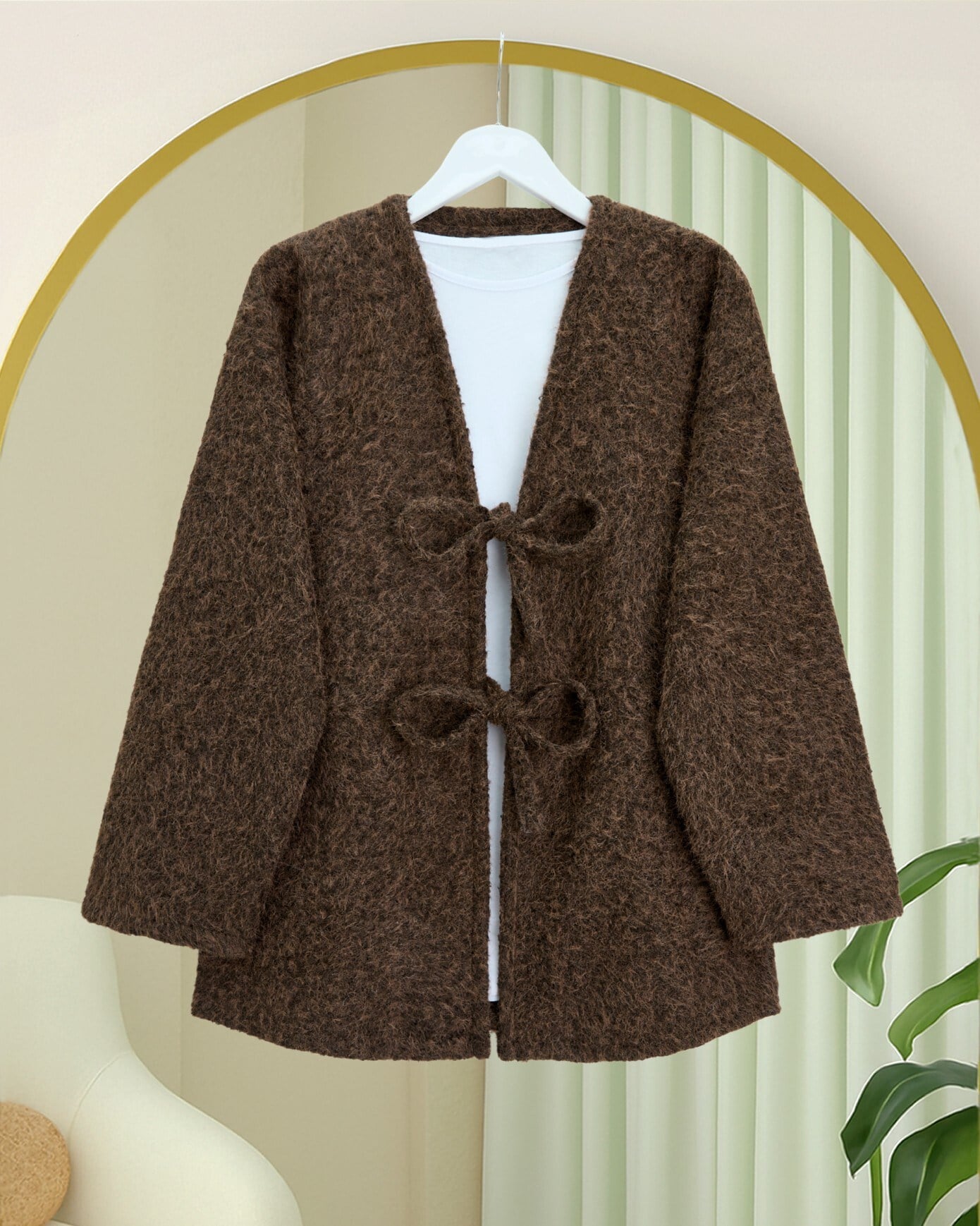 Önü Bağlamalı Sakallı Kimono -Kahve