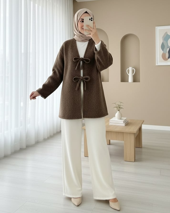 Önü Bağlamalı Sakallı Kimono -Kahve