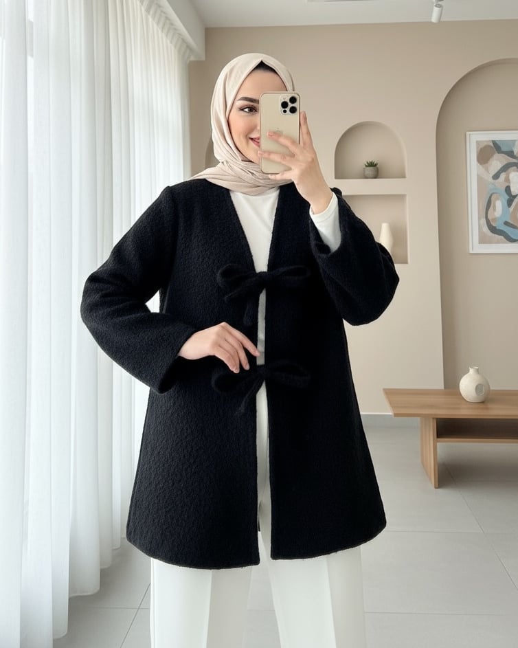 Önü Bağlamalı Sakallı Kimono -Siyah