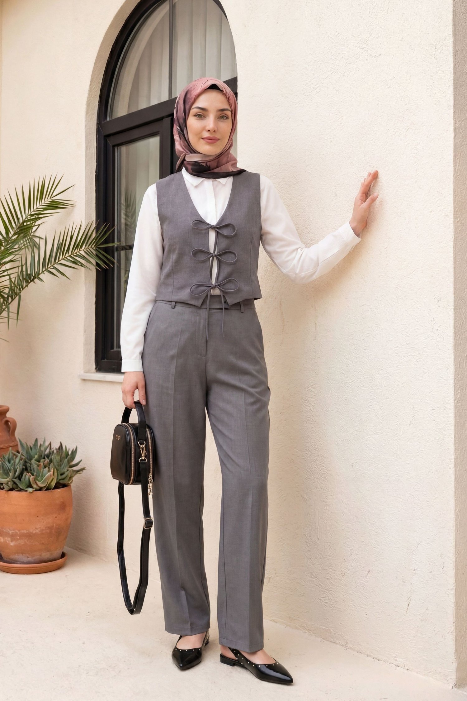 Önü Bağlamalı Yelek Pantolon İkili Takım -Antrasit