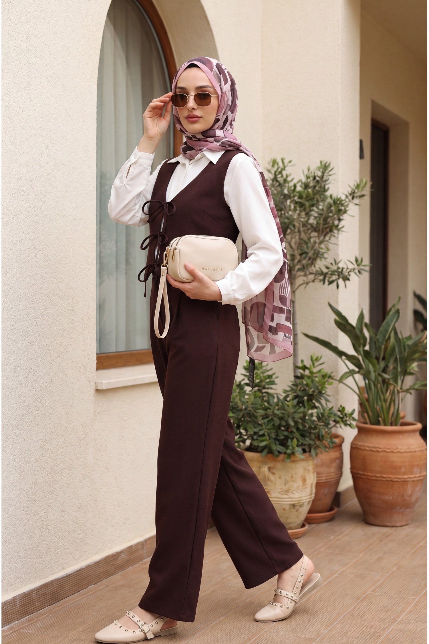 Önü Bağlamalı Yelek Pantolon İkili Takım    -K. Bordo