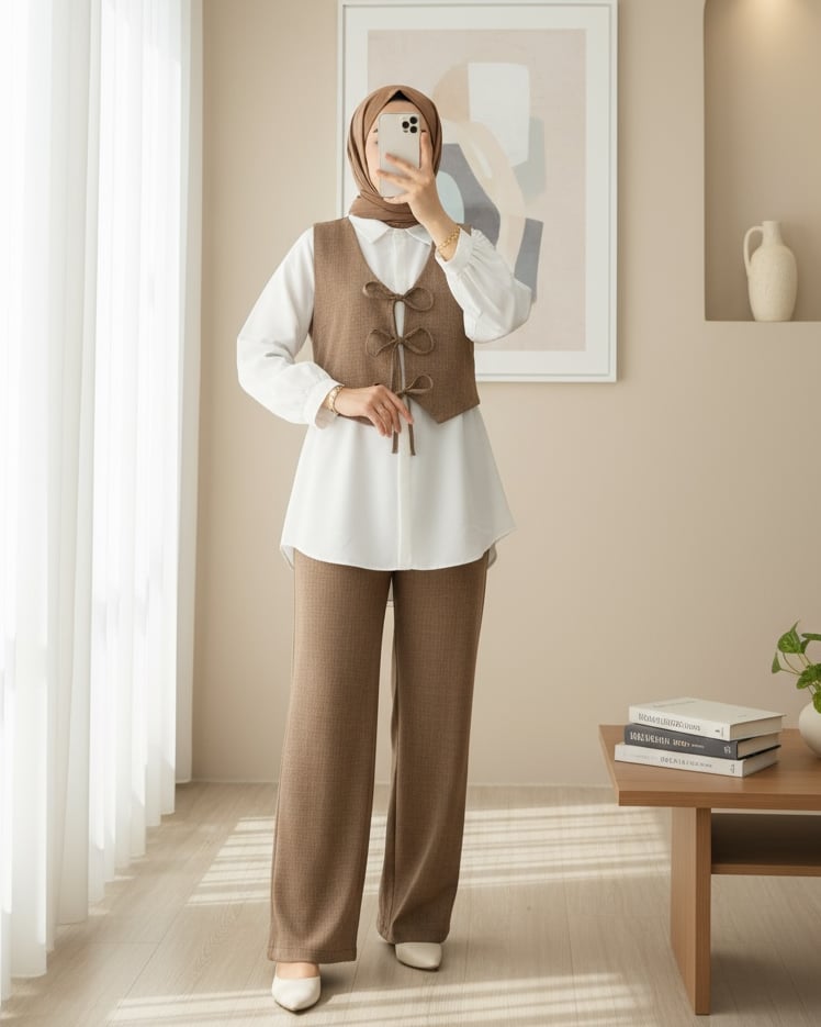Önü Bağlamalı Yelek Pantolon İkili Takım   -Kahve