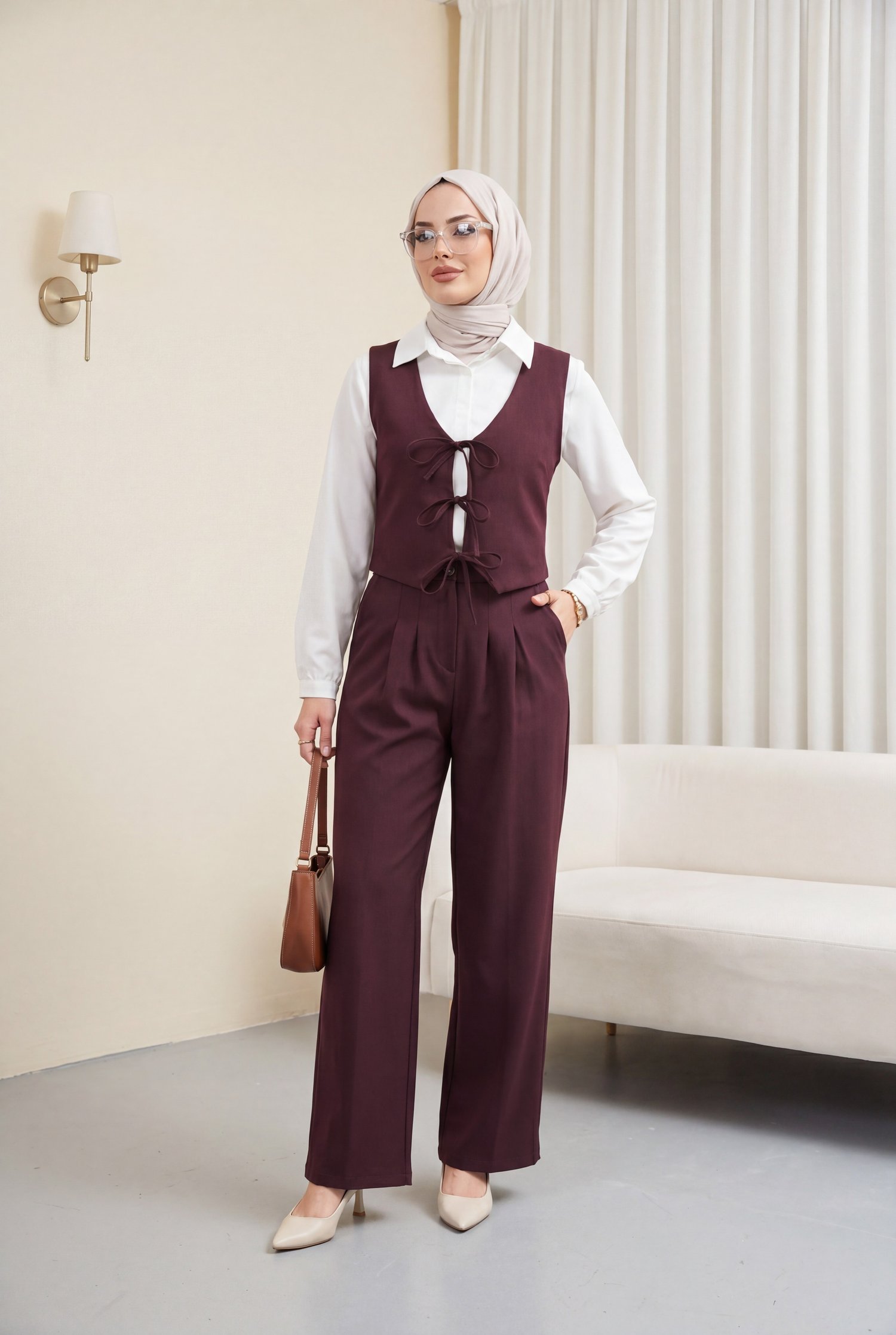 Önü Bağlamalı Yelek Pantolon İkili Takım    -K. Bordo