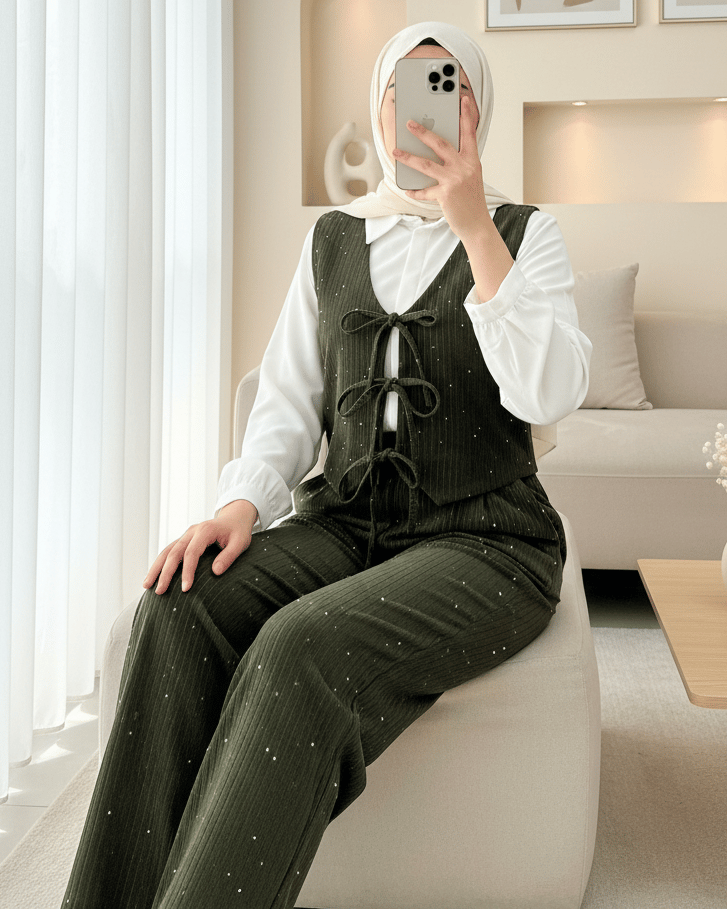 Önü Bağlamalı Yelek Pantolon Kadife Takım  -Haki