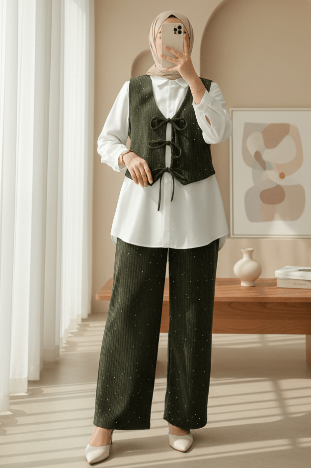 Önü Bağlamalı Yelek Pantolon Kadife Takım  -Haki