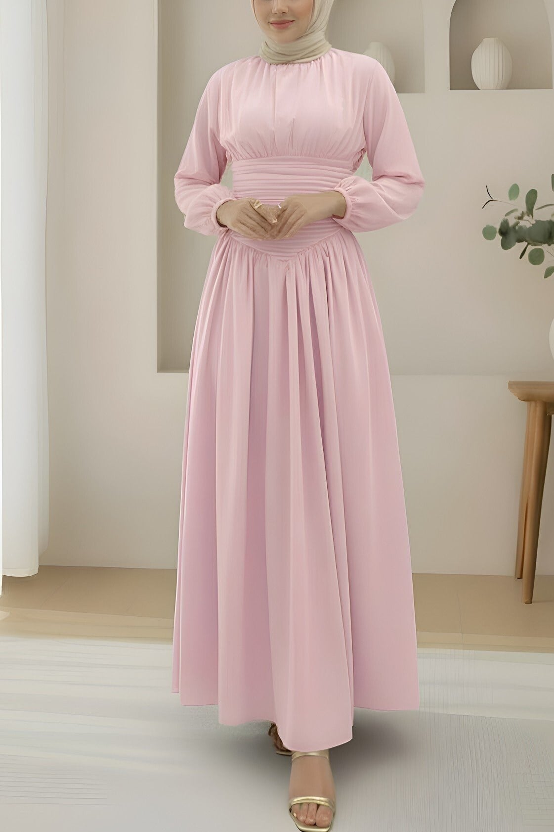 Önü Büzgülü Kolu Lastikli Fermuarlı Poplin Elbise -Pembe