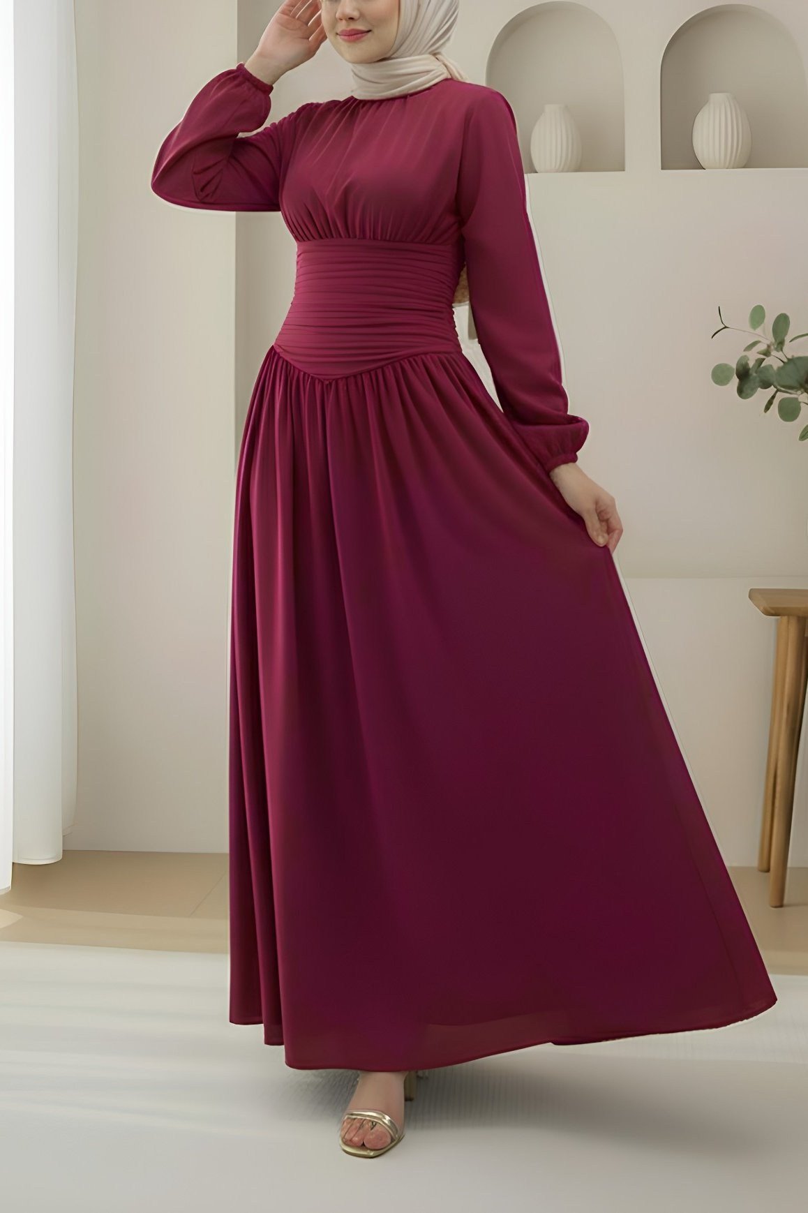 Önü Büzgülü Kolu Lastikli Fermuarlı Poplin Elbise -Bordo