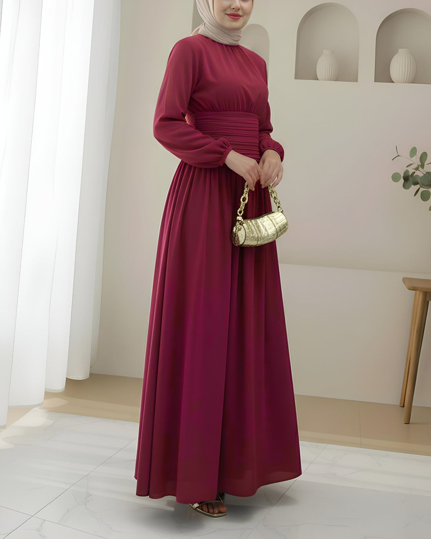 Önü Büzgülü Kolu Lastikli Fermuarlı Poplin Elbise -Bordo