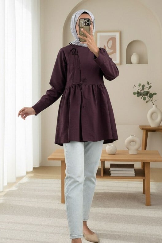 Önü Çapraz Bağlamalı Parçalı Kimono -Mürdüm