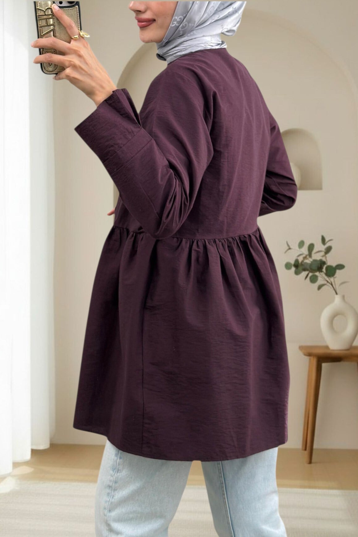 Önü Çapraz Bağlamalı Parçalı Kimono -Mürdüm