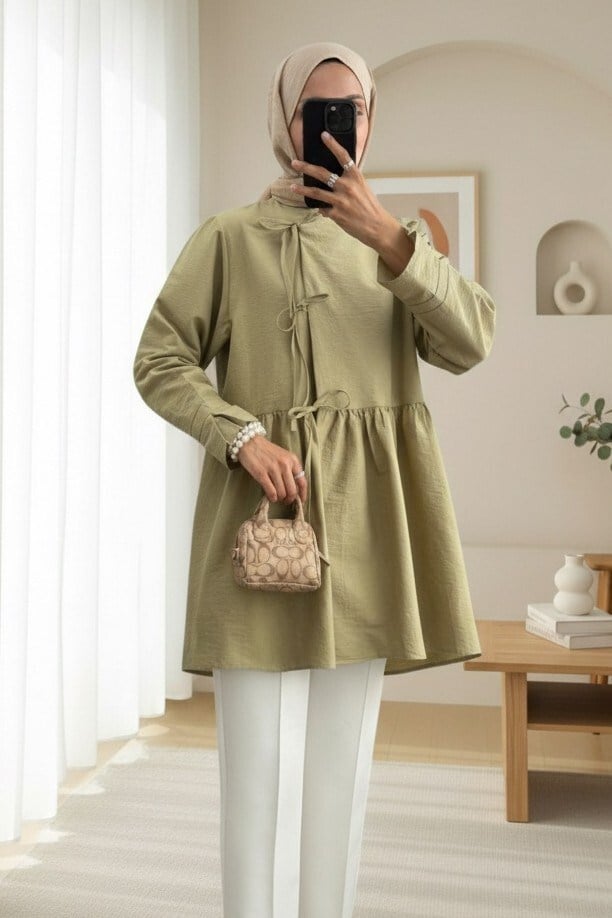 Önü Çapraz Bağlamalı Parçalı Kimono -Zeytin
